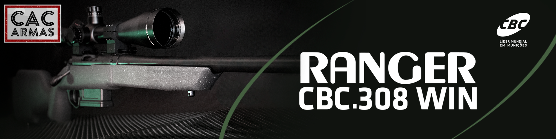 Banner de uma Ranger 308 com destaque para a mira de precisão sobre um balcão