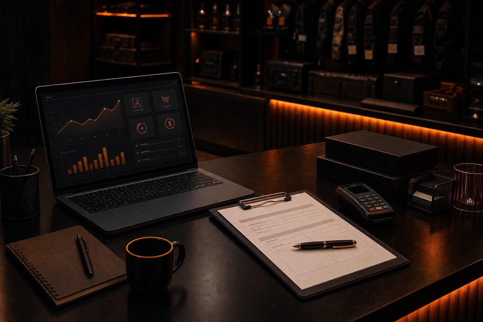 Mesa de trabalho com painel de vendas e formulário de cadastro do programa de parceiros